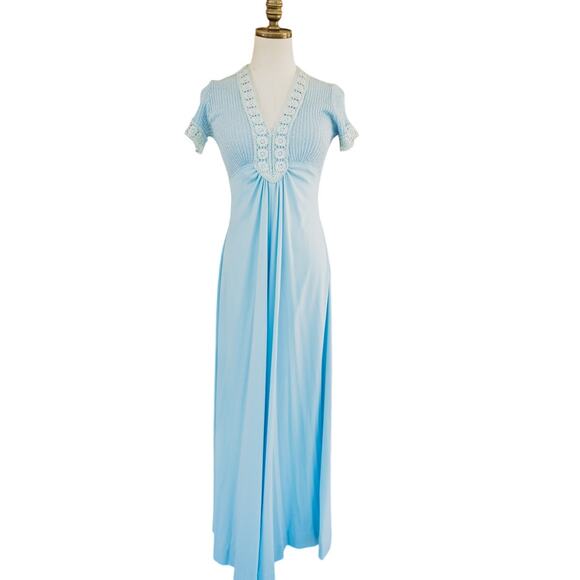 Vintage 1970s Baby Blue Lace Maxi Empire Waist Dress - Picture 1 of 11
